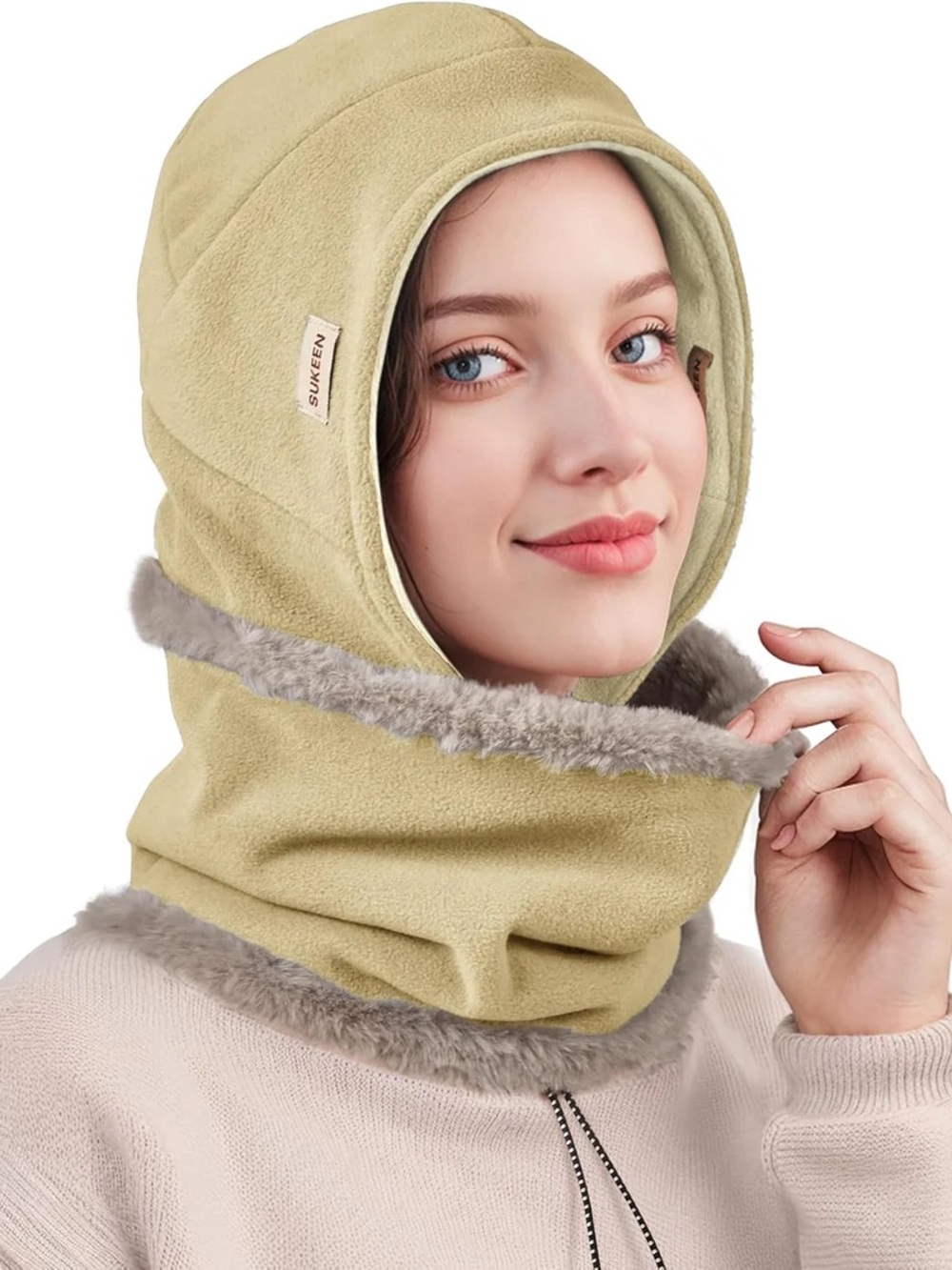 Sukeen Winter Hat & Thick Fleece Scarf Set - Beige